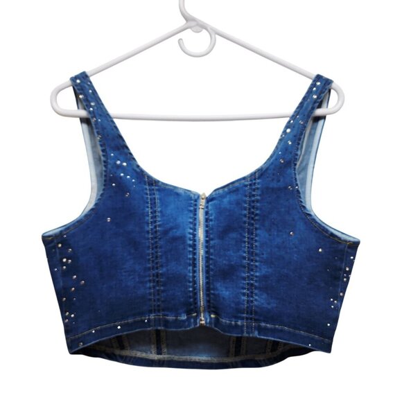 Allegra K Womens Studded Denim Crop Top With Zipper Closure Medium - Picture 4 of 6